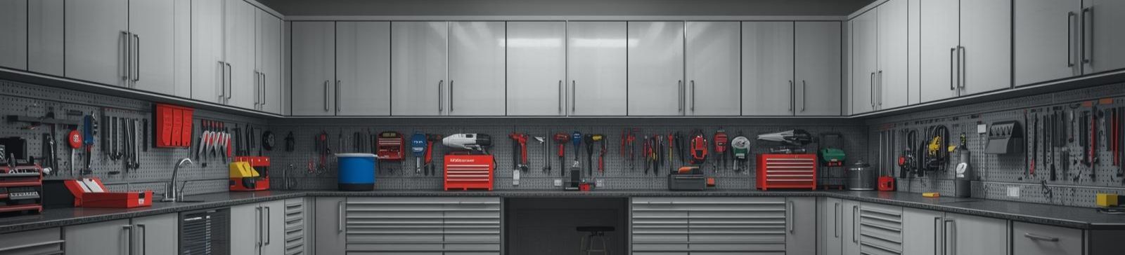 Modern custom garage cabinets and organized tool wall in Coon Rapids, MN