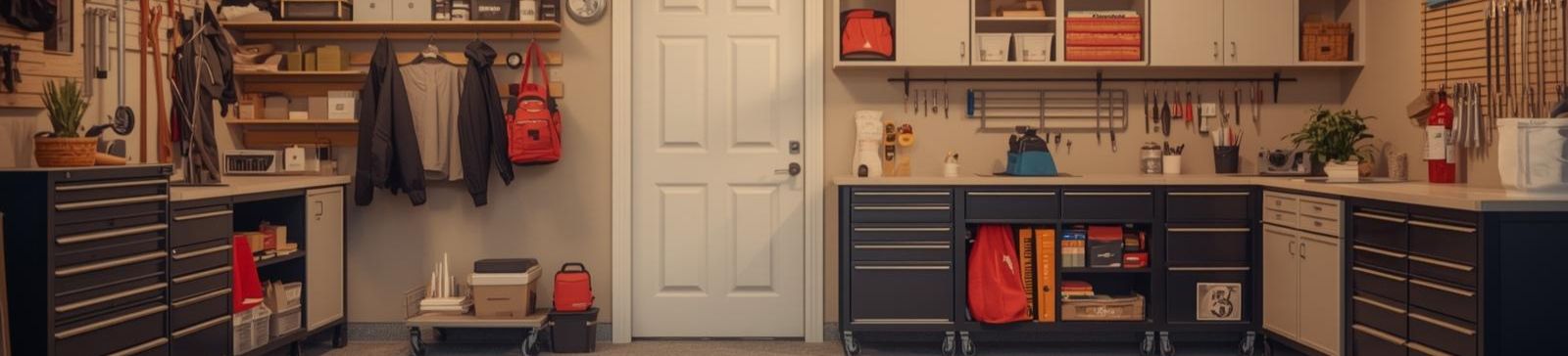 Organized garage interior with custom storage cabinets and clean flooring in Coon Rapids, MN