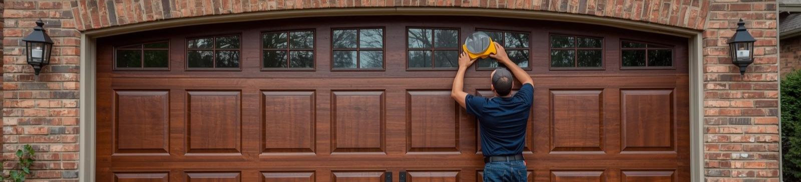 Technician inspecting and checking a high-quality wooden garage door in Coon Rapids, MN